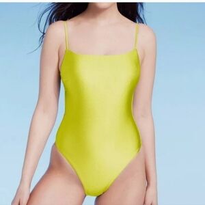 Shade & Shore Women's Square Neck High Leg Cheeky 1 Piece Swimsuit Lime Green XS